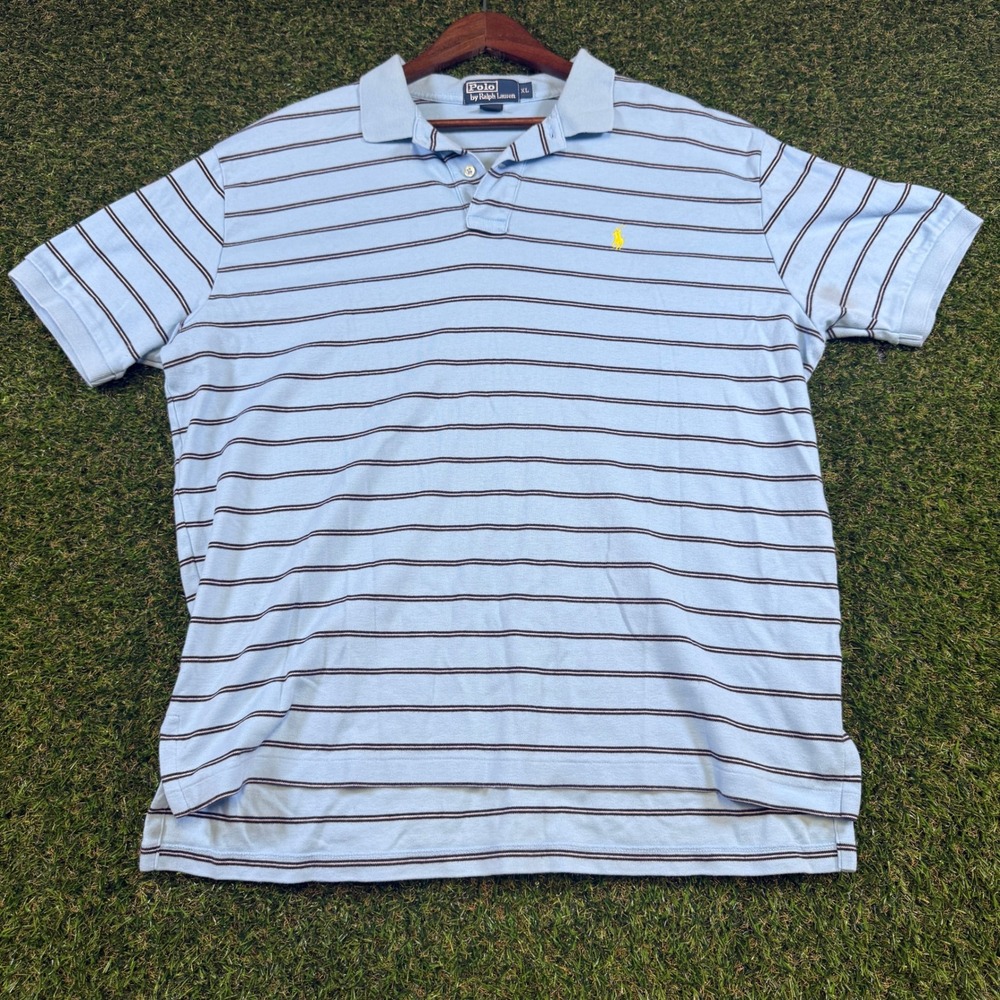 Polo Ralph Lauren Mens XL Blue Striped Short Sleeve Polo Shirt Yellow Pony